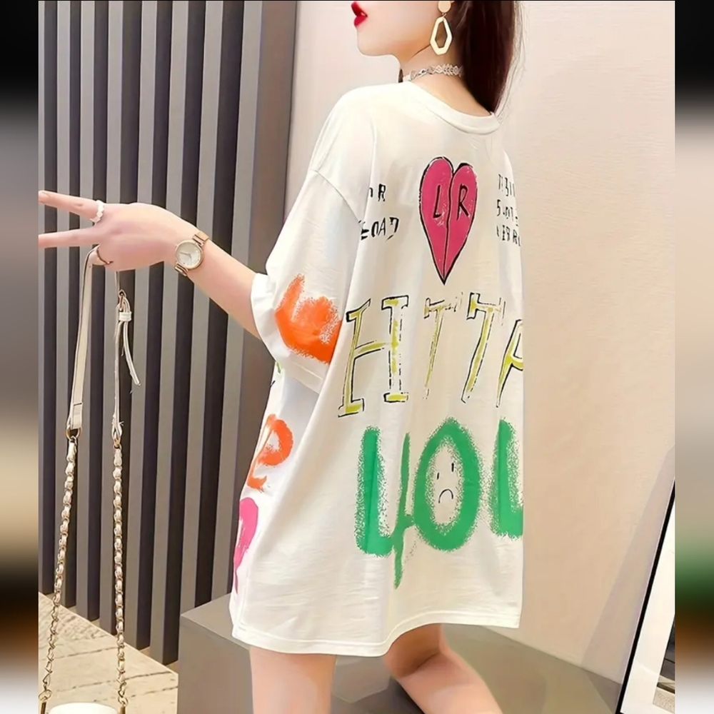 Women's Plus Size Loose Fit Cartoon Graphic Print T-Shirt - Casual Round Neck - Picture 5 of 5